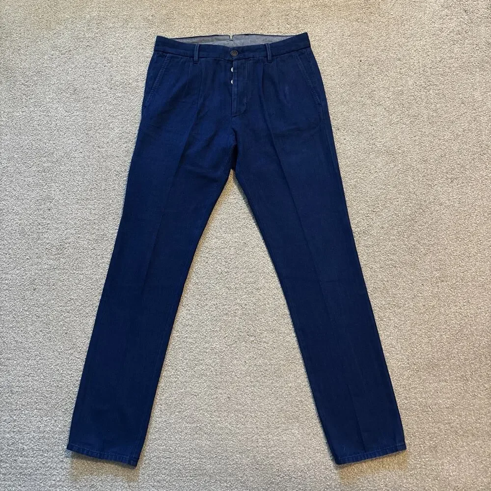 Fortela New Pence Blue Selvedge Pleated Trousers Chino Sz 31/33 Italy Japan